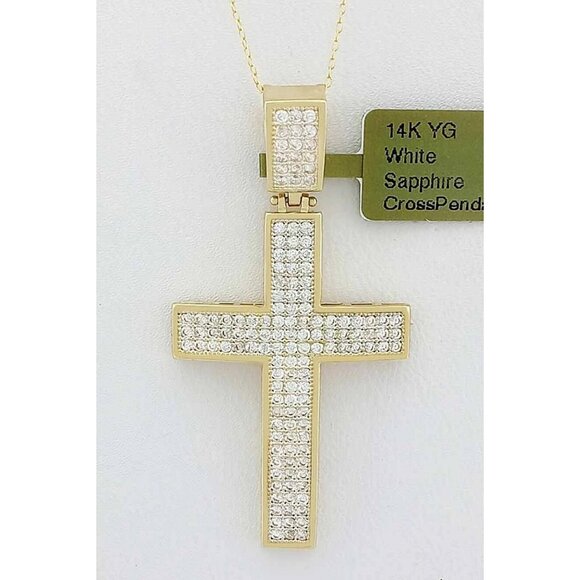 Created 1.24 Cts White Sapphires Cross Pendant Solid 14k Yellow Gold